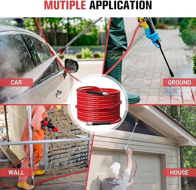 100FT Sewer Jetter Kit for Pressure Washer,1/4 Inch NPT Corner Max Working Pressure Drain Cleaner Hose 5800 PSI Sewer Blasting Hose 4 Sewer Blasting Nozzles