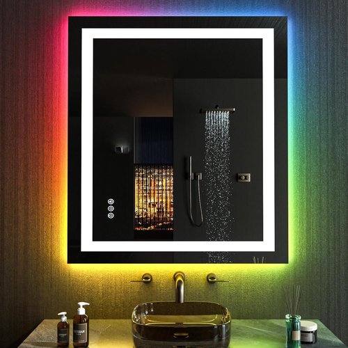 LOAAO LED Bathroom Mirror - 28" x 32" Anti-Fog, Dimmable, RGB Backlit & Front Lighted with Memory Function