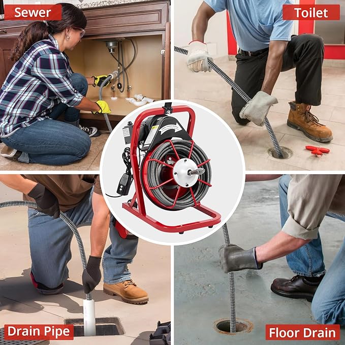 Garvee K-300K 3/8 in 75 ft Red & Black Electric Drain Cleaner Machine - Automatic Auger for 1 to 4 in Pipes, Portable Design, 4 Cutters, Foot Switch Control, and Includes Gloves.