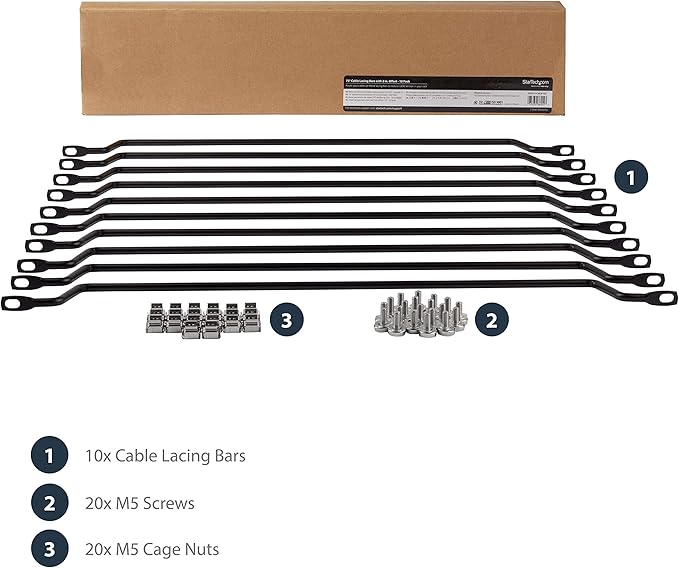 StarTech 10-Pack Horizontal Lacing Bar with 2in (5.1cm) Offset at 75 Degrees, Server Rack Cable Management, 19" Network Rack-Mount Cord Organizer, TAA