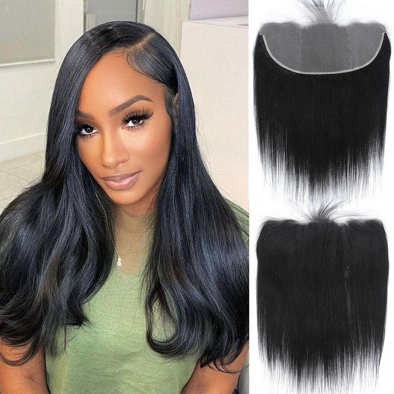 DSEKCAIN HD Frontal 13x6 Lace Frontal Straight Human Hair 13x6 Big and Long Departing Space From Ear to Ear Free Part Transparent Lace closure 100% Real Human Hair Natural Black 1B Color 12 Inch