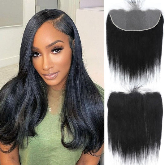 DSEKCAIN HD Frontal 13x6 Lace Frontal Straight Human Hair 13x6 Big and Long Departing Space From Ear to Ear Free Part Transparent Lace closure 100% Real Human Hair Natural Black 1B Color 12 Inch