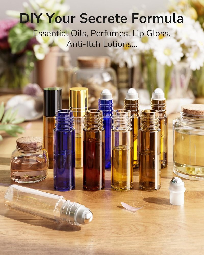 Essential Oil Roller Bottles - 48-Pack 10ml Amber Glass with Stainless Steel Roller Balls | Waterproof Labels