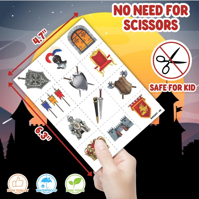 72PCS Medieval Knight Party Set - 48PCS Temporary Tattoos & 24PCS Slap Bracelets - Fun Castle-Themed Birthday Supplies, Baby Shower Gifts, Classroom Rewards & Party Decor for Kids