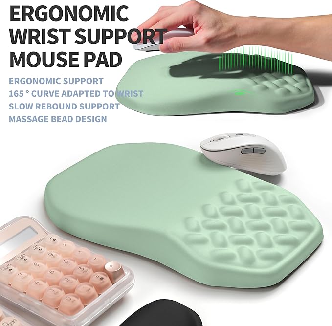 Gleamtide 2-in-1 Ergonomic Set, Wave Keyboard Wrist Rest and Massage Slope Mouse Pad Wrist Support, Rebound Memory Foam for Relieve Carpal Tunnel Syndrome and Wrist Pain (Light Green)