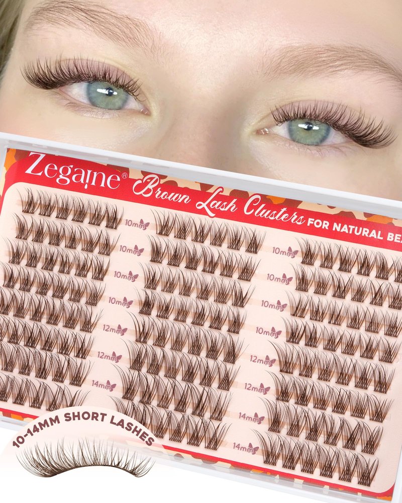 Short Brown Lash Clusters 10-12-14MM Clear Band Wispy Eyelash Clusters Natural Cluster Eyelash Extensions D-Curly Short Lashes Clusters Brown Wispy Cluster Lashes Natural Look 144Pcs by Zegaine