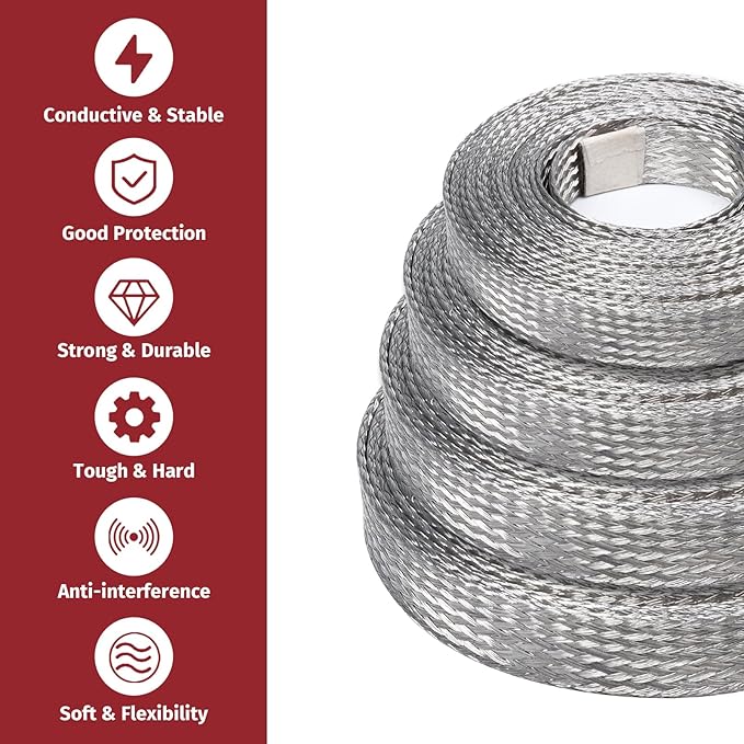 BuyUneed Tinned Copper Metal Braid Sleeving Wire Shielding Sleeve Braided Copper Ground Straps EMI/RFI Interference Expandable Flat Mesh Shielding Cable for Protect Wire (5/16inch-22ft)