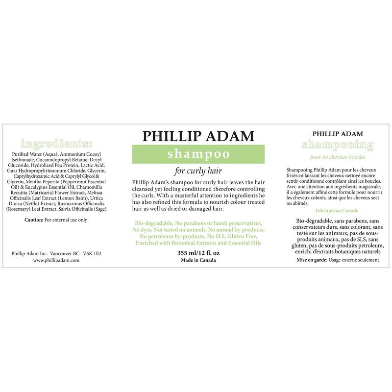 Phillip Adam Curly Hair Shampoo - Hydrating and Nourishing - For Curly, Dry and Damaged Hair - Sulfate Free and Paraben Free - 12 Fl Oz