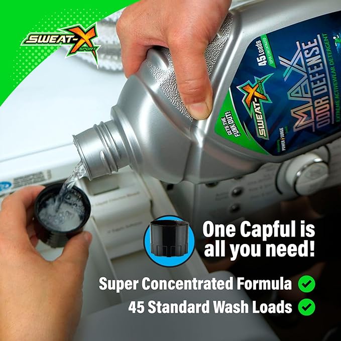 SWEAT X Max Odor Defense Laundry Detergent Liquid - Natural Washing Detergent for Activewear & Gym Clothes - Laundry Detergent for Sensitive Skin - Concentrated Detergent, 45 Loads/Bottle (4 Bottles)