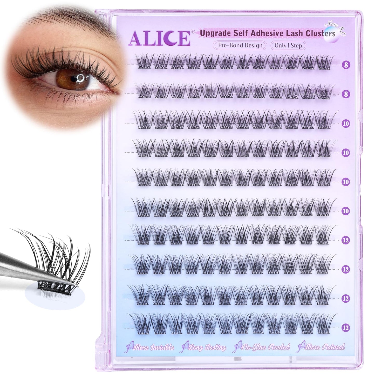 Self Adhesive Eyelashes Reusable Natural Self Adhesive Lash Clusters Wispy Press on Lashes Pre-Glue 8-12mm 120pcs C Curl DIY Eyelash Extensions Kit No Glue Needed by ALICE