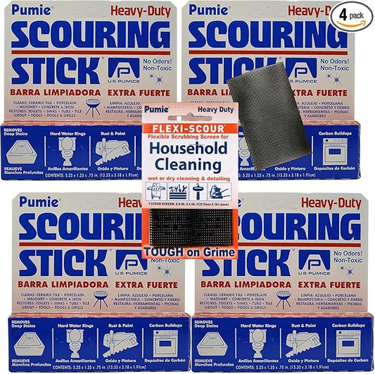 PUMIE Pumice Scouring Stick for Cleaning Toilet Bowl Rings & Hard Water Stains, Bathroom, Pools & Tubs, Pumice Stone for Toilet Cleaning, Rust, Grills, Food Build Ups, Pack of 4, includes Scouring Pad