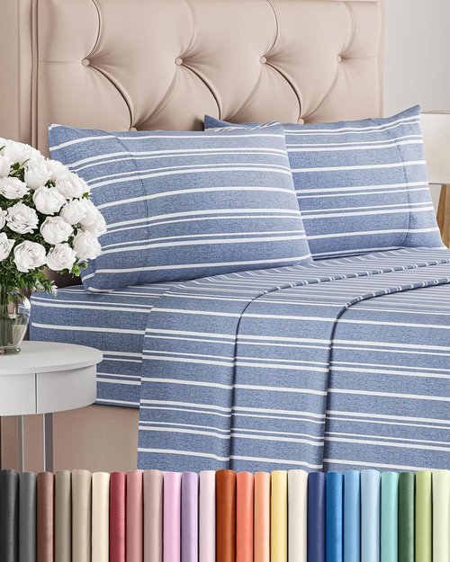 Cal King Size 4-Piece Sheet Set by [Brand Name] - Comfy, Breathable & Cooling Bedding - Deep Pockets, Wrinkle-Free, Blue Stripes