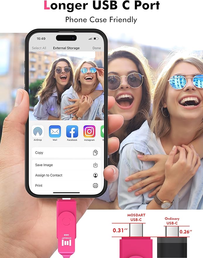 MOSDART 64GB Dual USB 3.2 Type-C Flash Drive, 150MB/S Thumb Drive with Keychain and LED Light, exFAT Memory Stick for iPhone 15, 16 and 17, iPad, Android Phone, MacBook, Laptop, Hot Pink