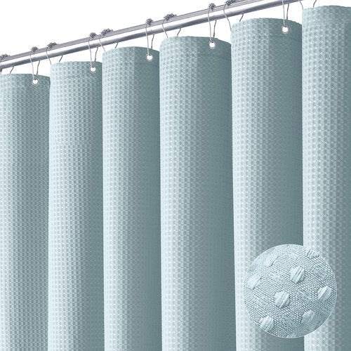 Dynamene Long Fabric Shower Curtain - Waffle Textured Tall Heavy Duty Cloth Shower Curtains for Bathroom, 256GSM Large Hotel Spa Luxury Bath Curtain Set with 12 Plastic Hooks(72Wx80H, Fog Blue)