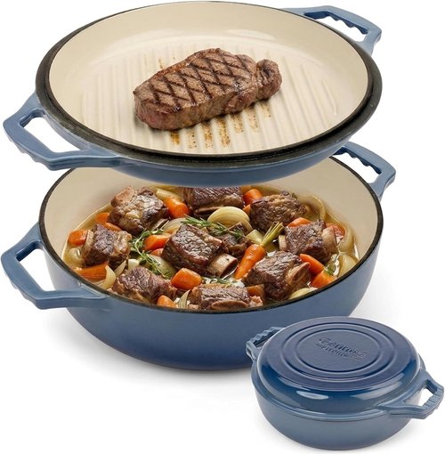 Le Creuset 2-in-1 Enameled Cast Iron Braiser Pan - 3.3-Quart Dutch Oven & Grill Lid Combo