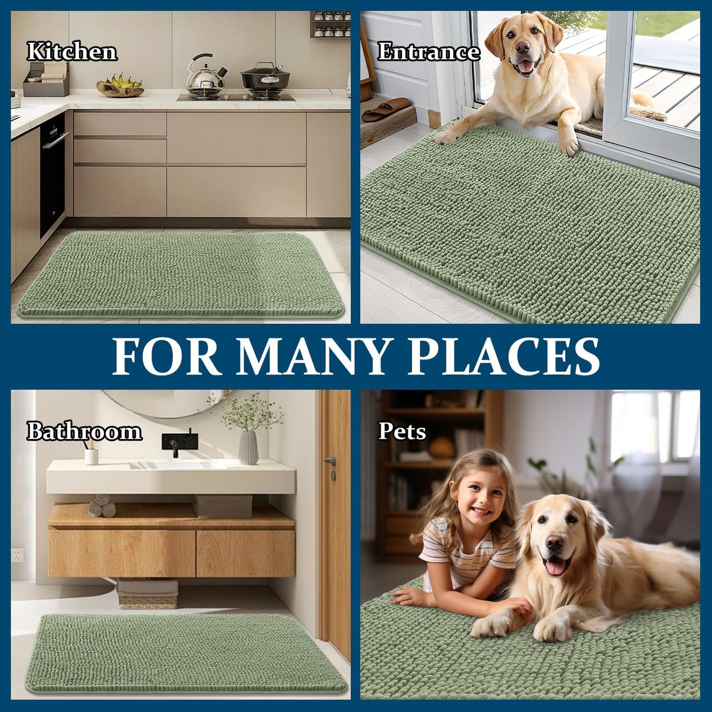OLANLY Dog Door Mat - Absorbent Non-Slip Mud Mat for Indoor Use | Quick Dry Chenille, 32x20, Sage Green