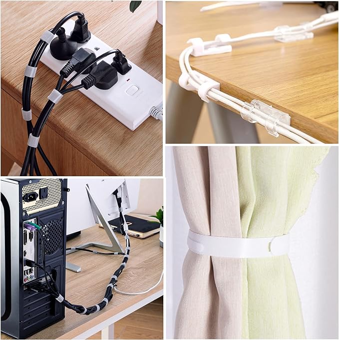 DRIVUU White Cable Management Organizer Kit 4 Cable Sleeve Split,47Cable Clips 12Cord Clips Holder,22 Cable Ties, 20 Adhesive Wall Cable Tie, 200Fasten Cable Ties for TV Electronics