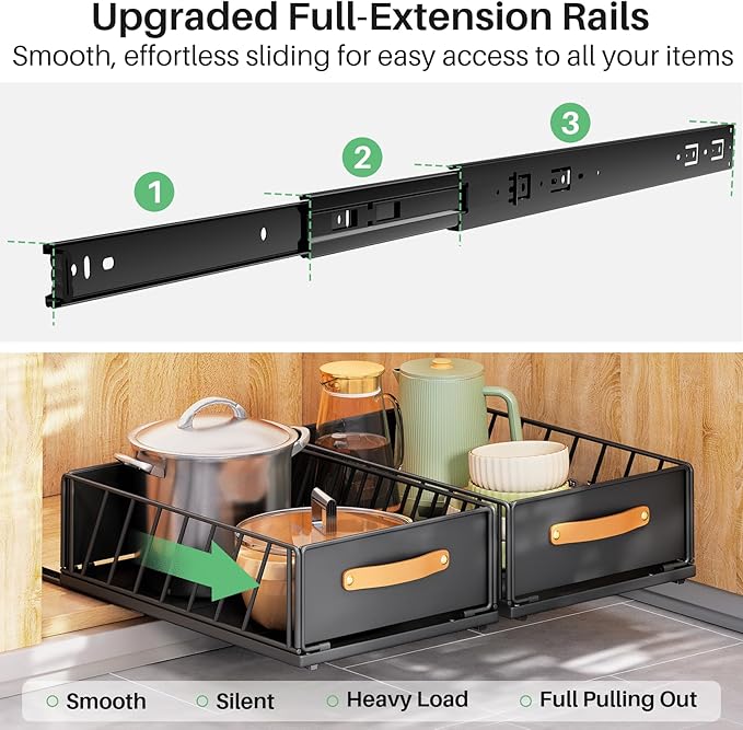 Pull out Cabinet Organizer Fixed with Adhesive Nano Film,Heavy Duty Slide out Pantry Shelves Drawer Storage,Sliding Mesh Cabinet Basket with Handle for Kitchen, Bathroom,Home, 11.8"W X15.7"D X6.2"H