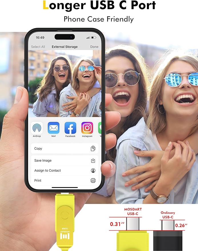 MOSDART 512GB USB C 3.2 Fast Speed C and A Dual Flash Drive, exFAT Memory Stick with Keychain and LED Indicator, for iPhone 15,16, 17, Android Phone, iPad, MacBook, and Other Laptops,Yellow