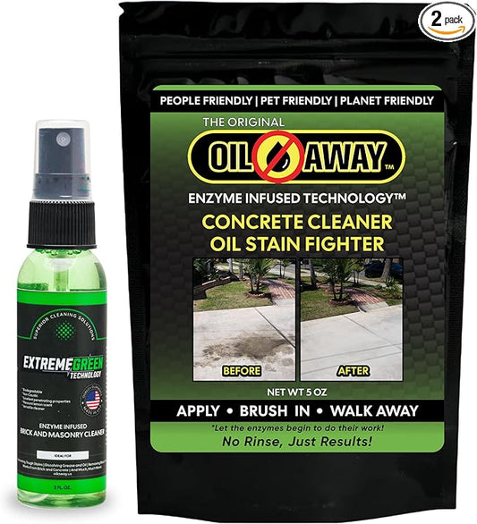Oil Stain Fighter Starter Kit with Pretreat Solution for Maximum Results | 2 oz. Pretreat Spray + 5 oz. Enzyme Powder | No Rinse Safe Concrete Cleaning Duo for Driveways and Patios | Starter Size
