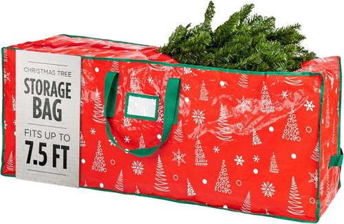 Christmas Tree Storage Bag - Durable Waterproof Zippered Bag for 7.5 Foot Artificial Trees | Red Printed Design