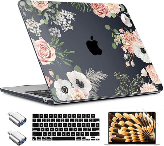 TWOLSKOO for MacBook Air 15 inch Case 2025 2024 2023 Release M4 A3241 M3 A3114 M2 A2941, Plastic Hard Shell & Screen Protector & Keyboard Cover & Type C Adapter, Rose Flower