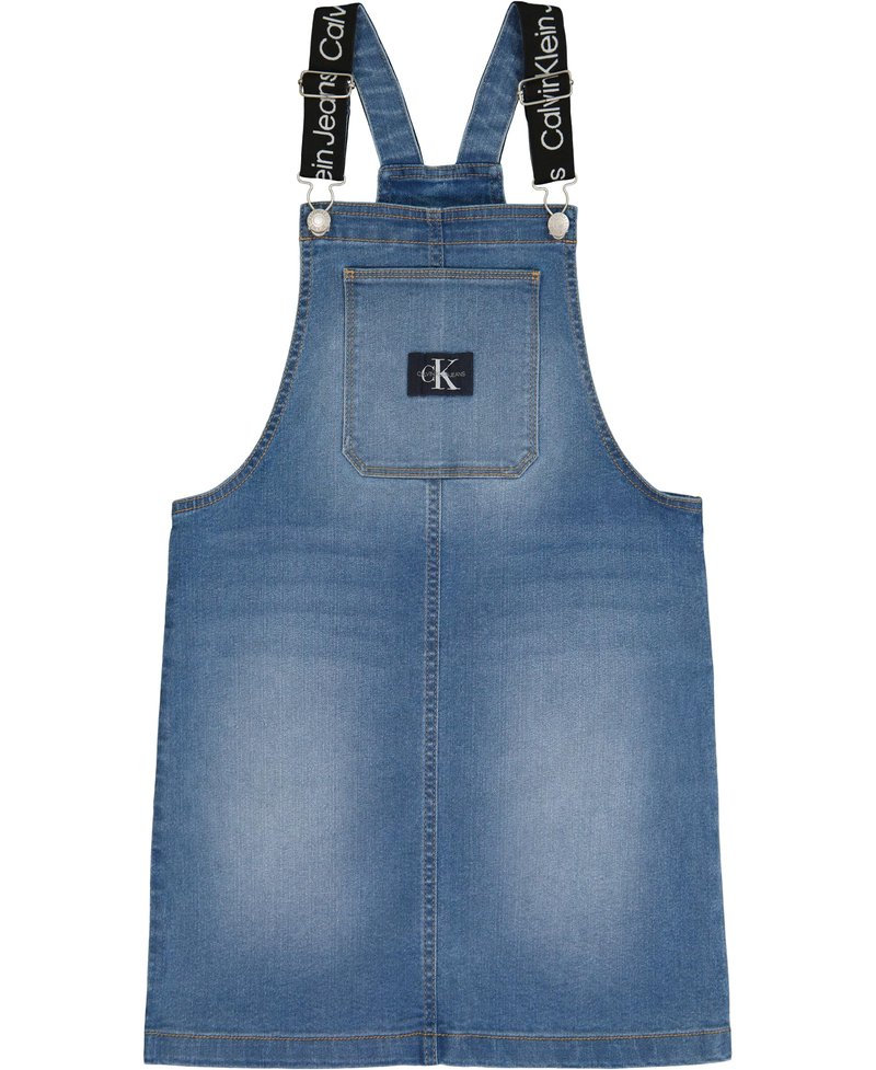 Calvin Klein Girls' Denim Skirtall Dress, Overall Style with Hook & Loop Closure, Boyfriend Fit, Functional Front Pocket, Authentic, 7