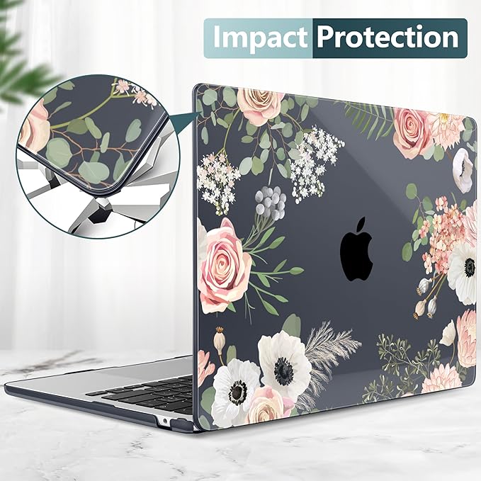 TWOLSKOO for MacBook Air 13 inch Case M5 2026 M4 2025 M3 M2 2024-2022 A3449 A3240 A3113 A2681, Plastic Hard Shell & Keyboard Cover & Type C for MacBook Air 13.6 inch Case, Rose Flower
