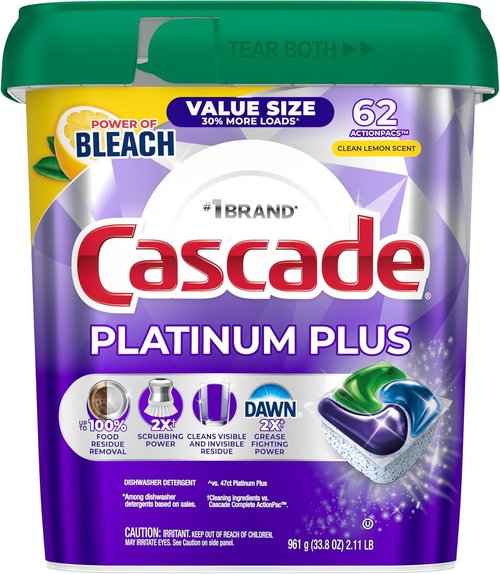 Cascade Platinum Plus Dishwasher Pods - Powerful Dish Detergent with Clean Lemon Scent | 62 Count