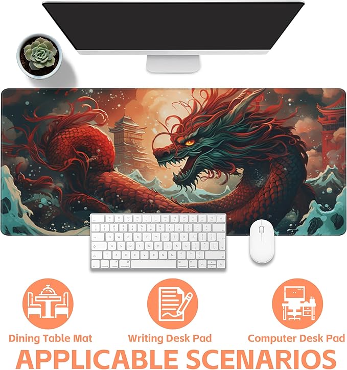 NIYLYNSYN Mouse Pad Large Chinese Traditional Dragon Non-Slip Gaming Desk Mat with Stitched Edge Laptop Keyboard Desk Pad for Work Home Gaming (35.4 x 15.7 Inches)