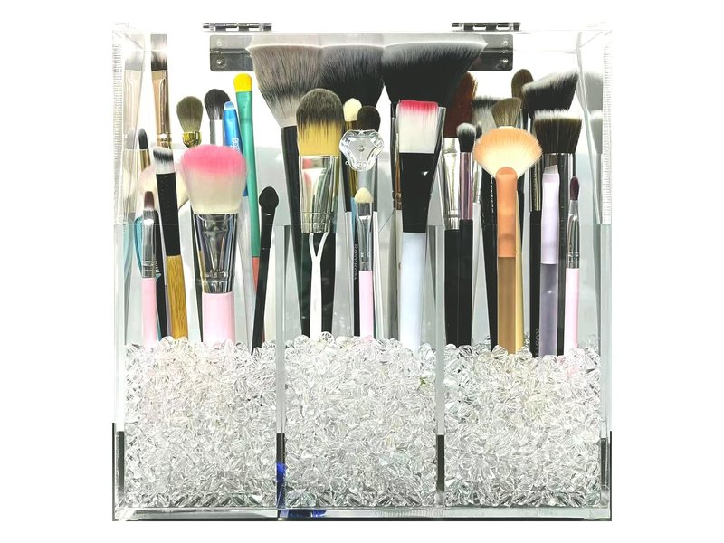 VASERDDY Acrylic Makeup Organizer,Cosmetic Brush Storage Box With 3 Brush Holders Holder Dust Cover, Large-capacity Split Design Can Quickly Organize the Desktop with3 bags of transparent pearls