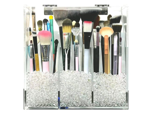 VASERDDY Acrylic Makeup Organizer,Cosmetic Brush Storage Box With 3 Brush Holders Holder Dust Cover, Large-capacity Split Design Can Quickly Organize the Desktop with3 bags of transparent pearls