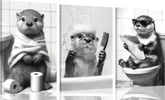 Skiennix Cute Otter Canvas Wall Art - Funny Black and White Animal Print for Bathroom Decor | 3-Piece Set