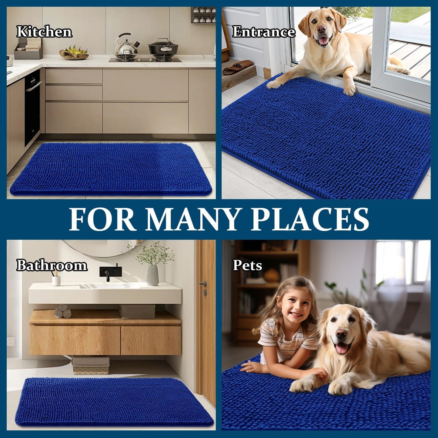 OLANLY Dog Door Mat - Absorbent Non-Slip Mud Mat for Dogs | Quick Dry Chenille 47x17, Royal Blue