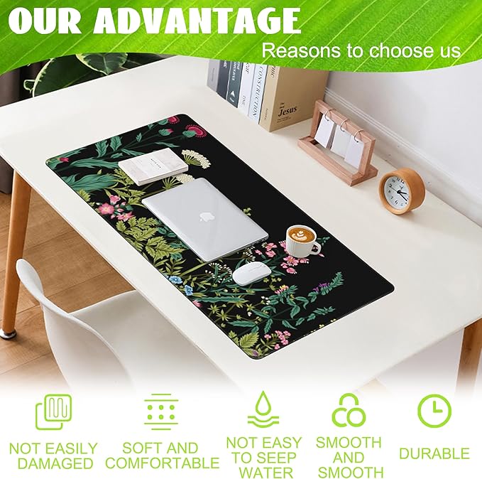 Eflxamz Large Gaming Mouse Pad for Desk,Wildflowers Night Desk Mat,Wild Floral Flower Desk Pad,Extended Big Computer Keyboard Mouse Pad with Non-Slip Base and Stitched Edge,35.4"x15.7"