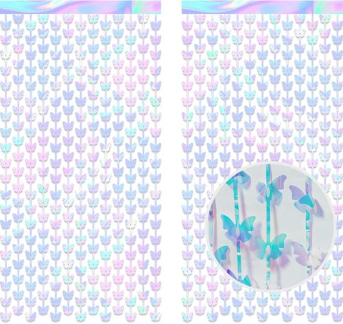 GREATRIL Iridescent Butterfly Fringe Backdrop - Fairy Streamers for Princess Birthday Decor - 3.2ft x 6.5ft | 2 Packs