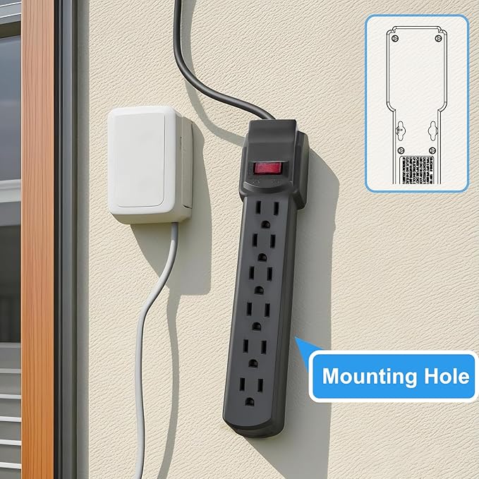 PowerEnvy 6-Outlet Surge Protector – 250 Joules, 6ft Cord, 15A/125V, 1875W Max – Right Angle Plug, Black – Home, Office, & Electronics Protection