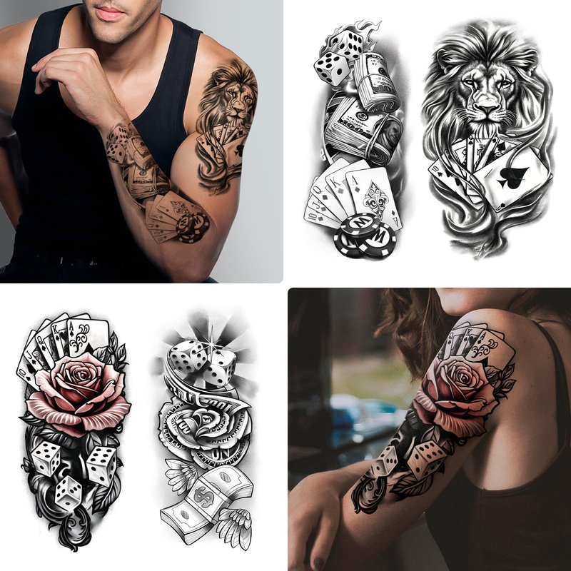 Casino Temporary Tattoos (77 Sheets), Fake Tattoo for Adults and Kids, Waterproof Fake Body Tattoo Stickers for Halloween, Parties, Cosplay, Casino Night - Realistic Poker/Dice/Skull/Chicano Designs