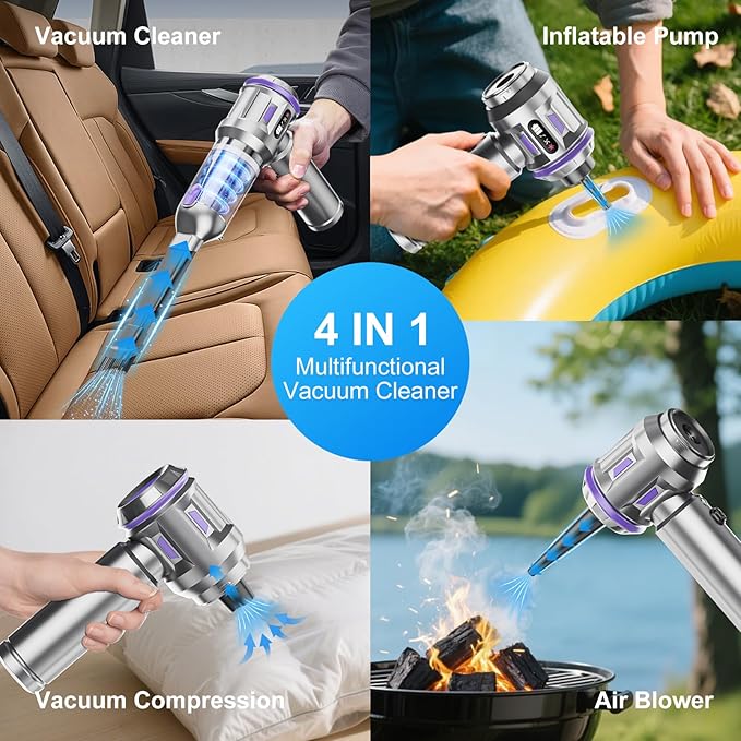 Car Vacuum Portable Cordless, 18000pa Mini Vacuum Cleaner, 4 in 1 Portable Car Vacuum Cleaner 120W High Power Handheld Vacuum Cordless Rechargeable With Air Duster&LED Light for Cars Home Office Pet