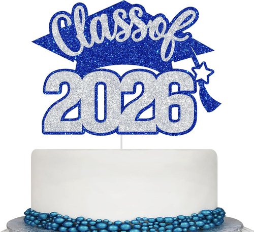 Class of 2026 Cake Topper - Glitter Graduation Decor for High School, College & University - Blue & Silver
