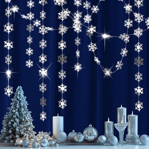 Cheerland Winter Wonderland Silver Snowflakes Garland - Festive Hanging Decorations for Holidays & Events