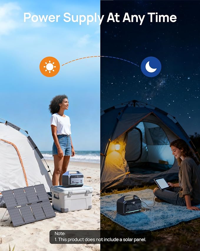 Portable Power Station 1200W Surge, 288Wh LiFePO4 Battery Solar Generator, Power Bank with 600W AC Outlet 110V, PD 100W Output Fast Charging for Outdoors Camping, Home Emergency, Hunting Blackout