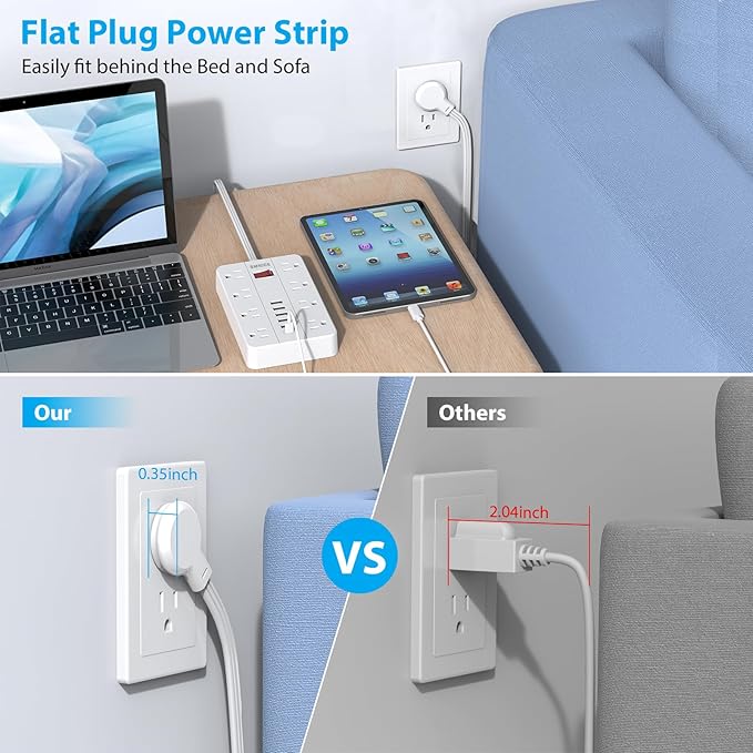 Power Strip Extension Cord, SMNICE Flat Plug Long Extension Cord 10 Ft with 8 Widely Spaced Outlets 6USB(1 USB C) Charging Station, Wall Mount for Dorm Home, Office Accessories,White