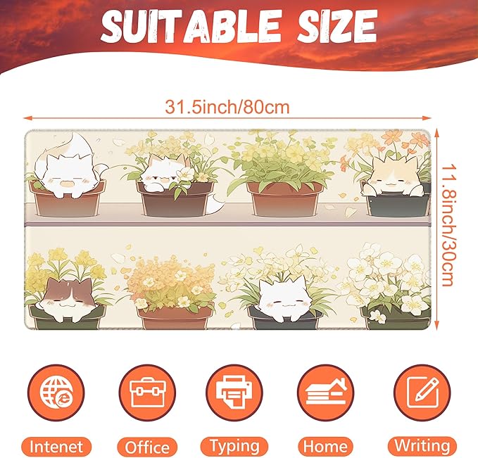 KOAIWPAE Desk Pad, Cute Cat Potted Plant Desk Mat, Anime Kawaii Cat Large Gaming Mouse Pad for Desk, 31.5"x15.7" Extended Big Computer Keyboard Mouse Pad with Non-Slip Base and Stitched Edge