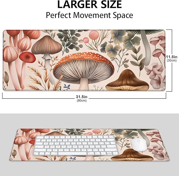 Mounidso Botanical Mushroom Large Mouse Pad, Gaming Mouse Pad, Keyboard Mat, Non-Slip Rubber Base, Office Accessories, Desk Mat, MousePads for School, Work, Home Decor Gifts 31.5" x 11.8"