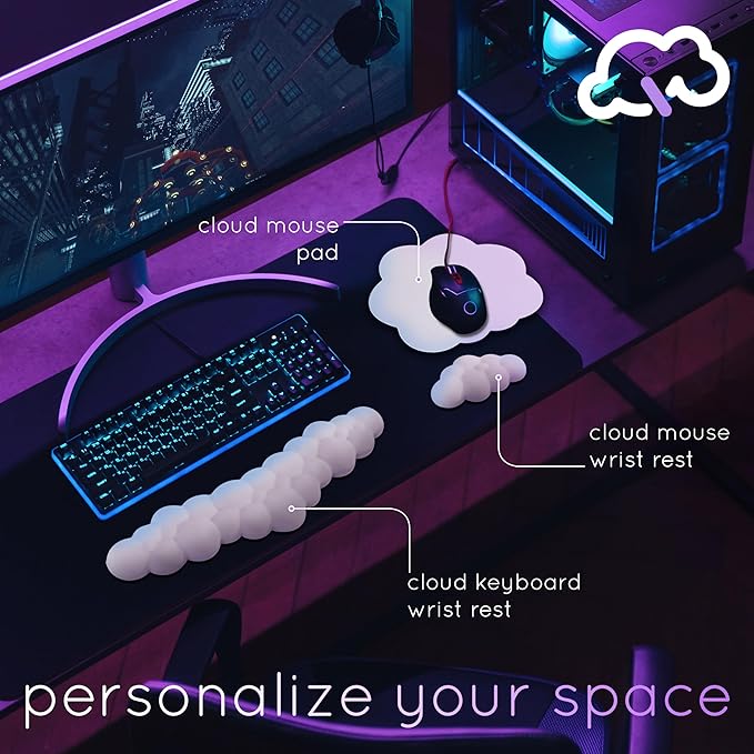 Rainbow Cloud Keyboard Wrist Rest – Create-ables Qloud Rainbow Wrist Rest for Computer Keyboard and Mouse, Ergonomic Memory Foam Wrist Pad with Non-Slip Base, Includes Cloud Mouse Pad