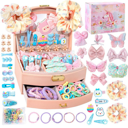 Qopoto Hair Accessories Kit for Girls - Gift Set with Hair Clips, Barrettes, Ties, Bows - Ages 4-15 (Colorful Case)