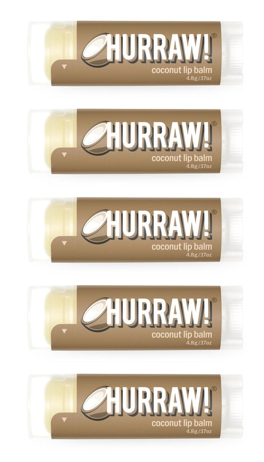 Hurraw! Coconut Lip Balm, 5 Pack: Organic, Certified Vegan, Cruelty and Gluten Free. Non-GMO, 100% Natural Ingredients. Bee, Shea, Soy and Palm Free. Made in USA