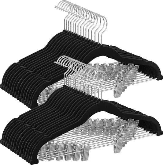 SONGMICS Velvet Pants Hangers - 30 Pack, 16.7 Inches, Adjustable Clips, Non-Slip, Space-Saving, Black