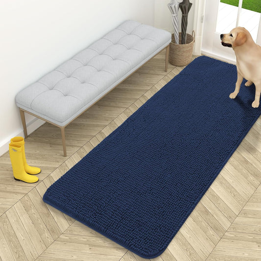 OLANLY Dog Door Mat - Absorbent Non-Slip Chenille Mat for Muddy Paws | 59x24, Dark Blue, Quick Dry